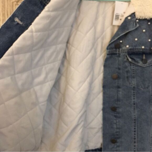 New w| Tags! INNER QUILTED, PEARL EMBELLISHED JEAN JACKET - Picture 10 of 11